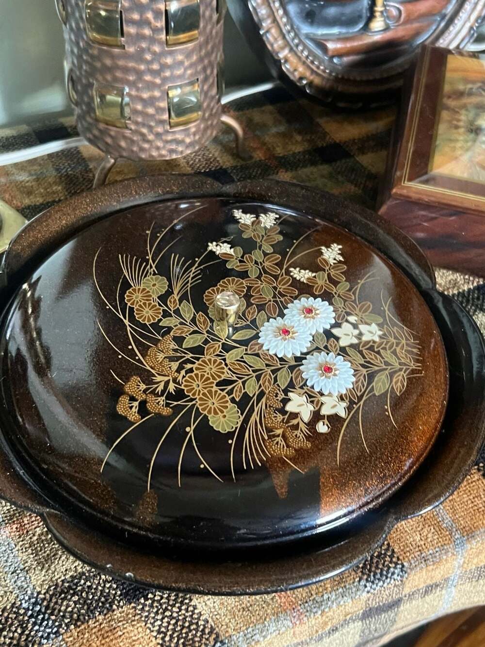 Vintage Otagiri Japan Lacquerware Scalloped Serving Dish with Rhinestone Floral